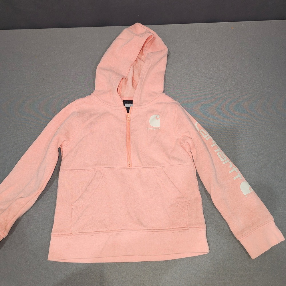Carhartt Toddler Girls Size 3T Quarter Zip Hoodie Peach Coral Sleeve Logo